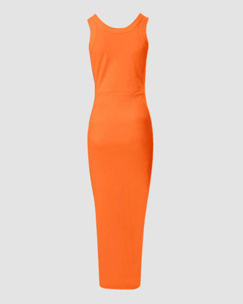 Side Slit Sleeveless Ribbed Maxi Dress with Drawstring Ruching