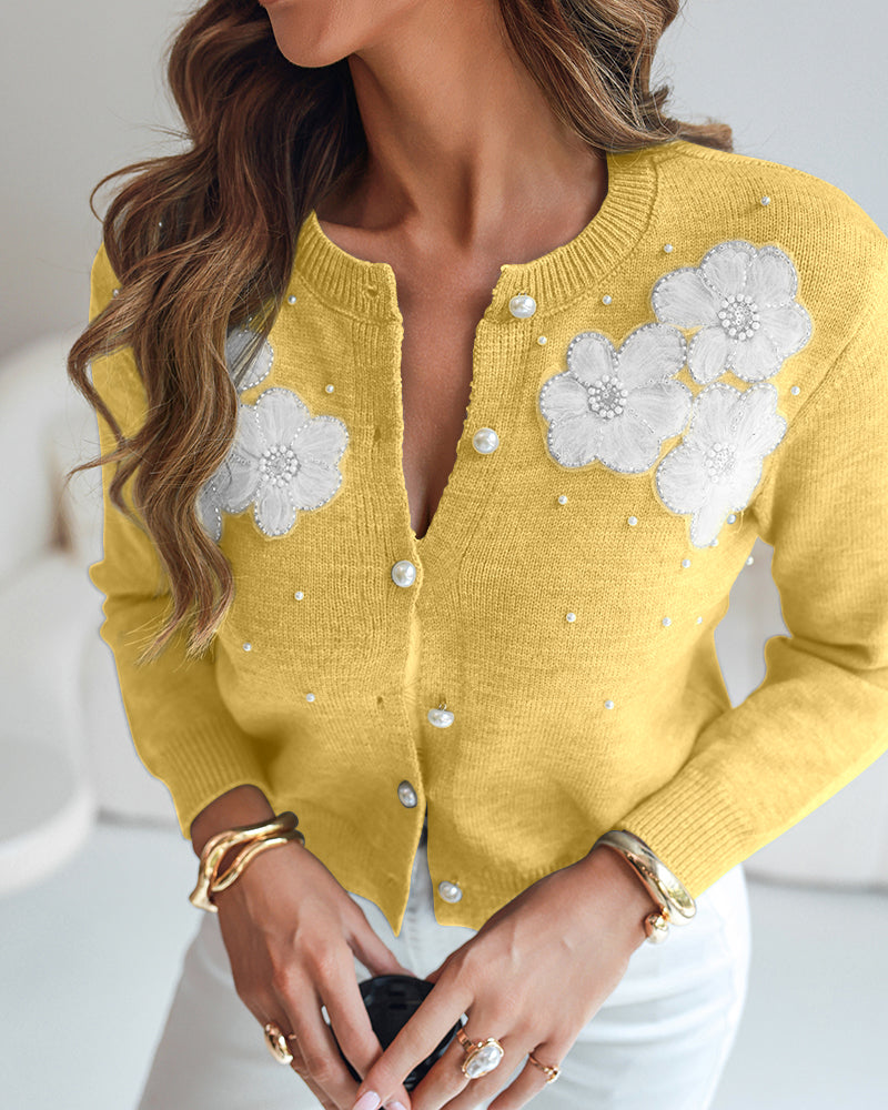 Single-Breasted Knit Cardigan with Floral Applique and Pearl Adornments