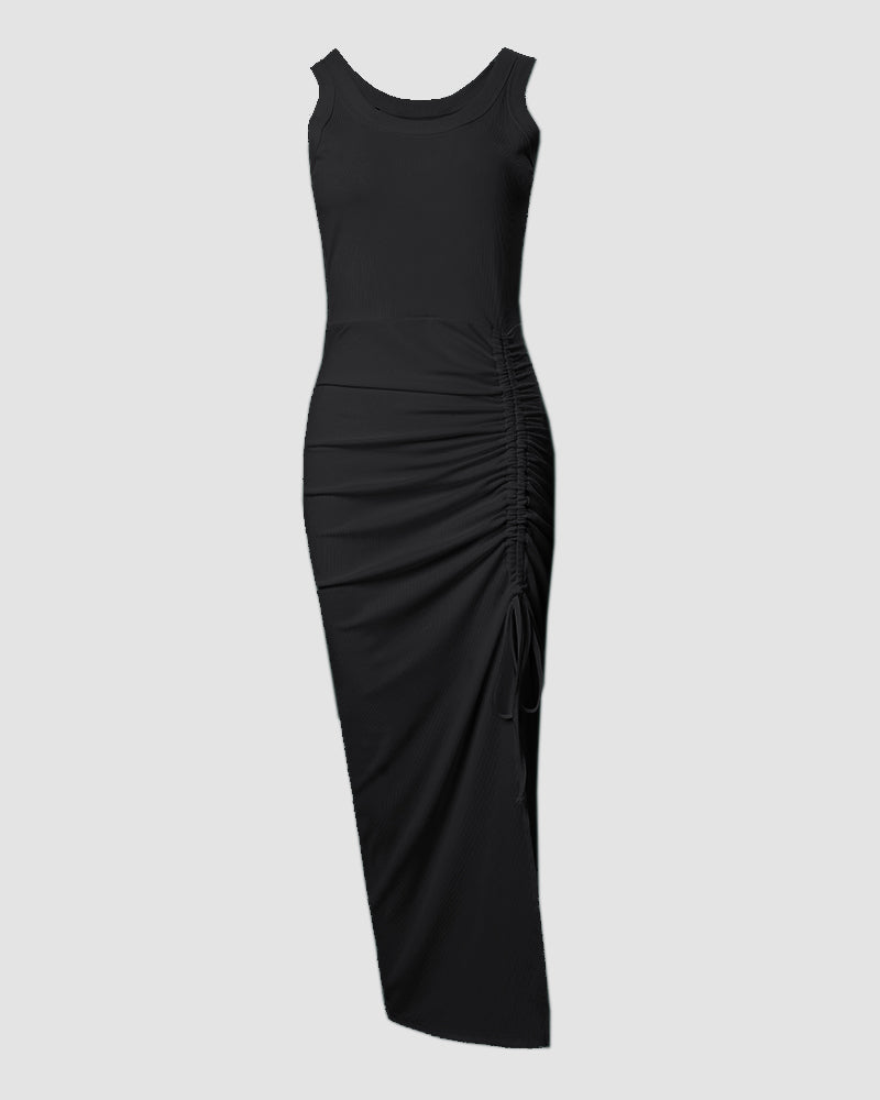 Side Slit Sleeveless Ribbed Maxi Dress with Drawstring Ruching