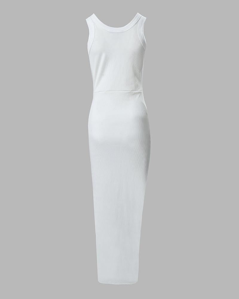 Side Slit Sleeveless Ribbed Maxi Dress with Drawstring Ruching