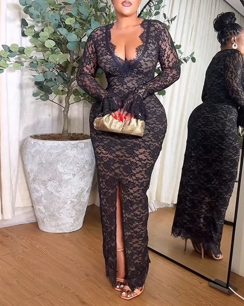 Elegant V-Neck Lace Long Sleeve Slim Maxi Dress