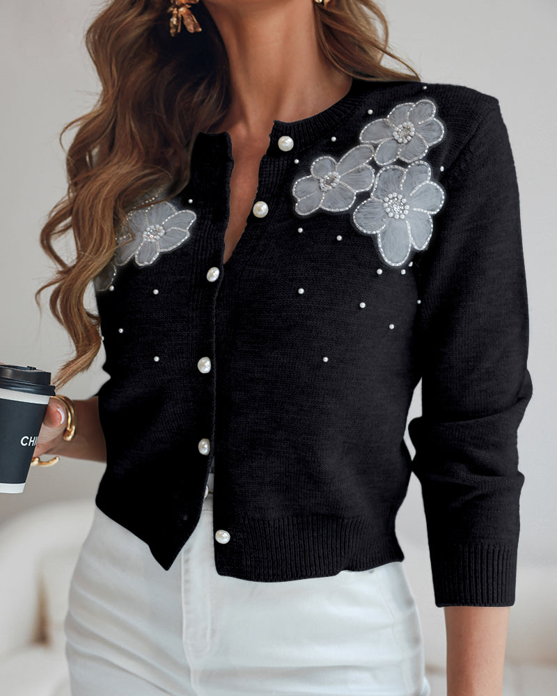 Single-Breasted Knit Cardigan with Floral Applique and Pearl Adornments