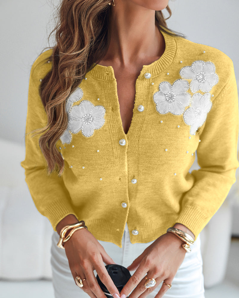 Single-Breasted Knit Cardigan with Floral Applique and Pearl Adornments