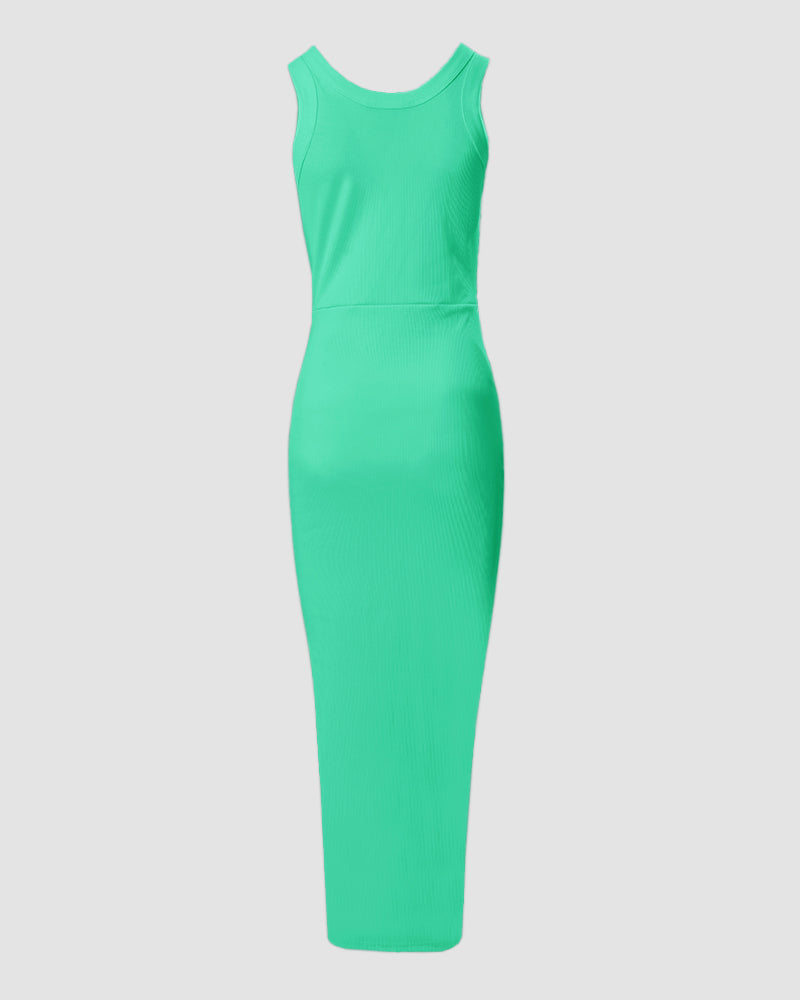 Side Slit Sleeveless Ribbed Maxi Dress with Drawstring Ruching