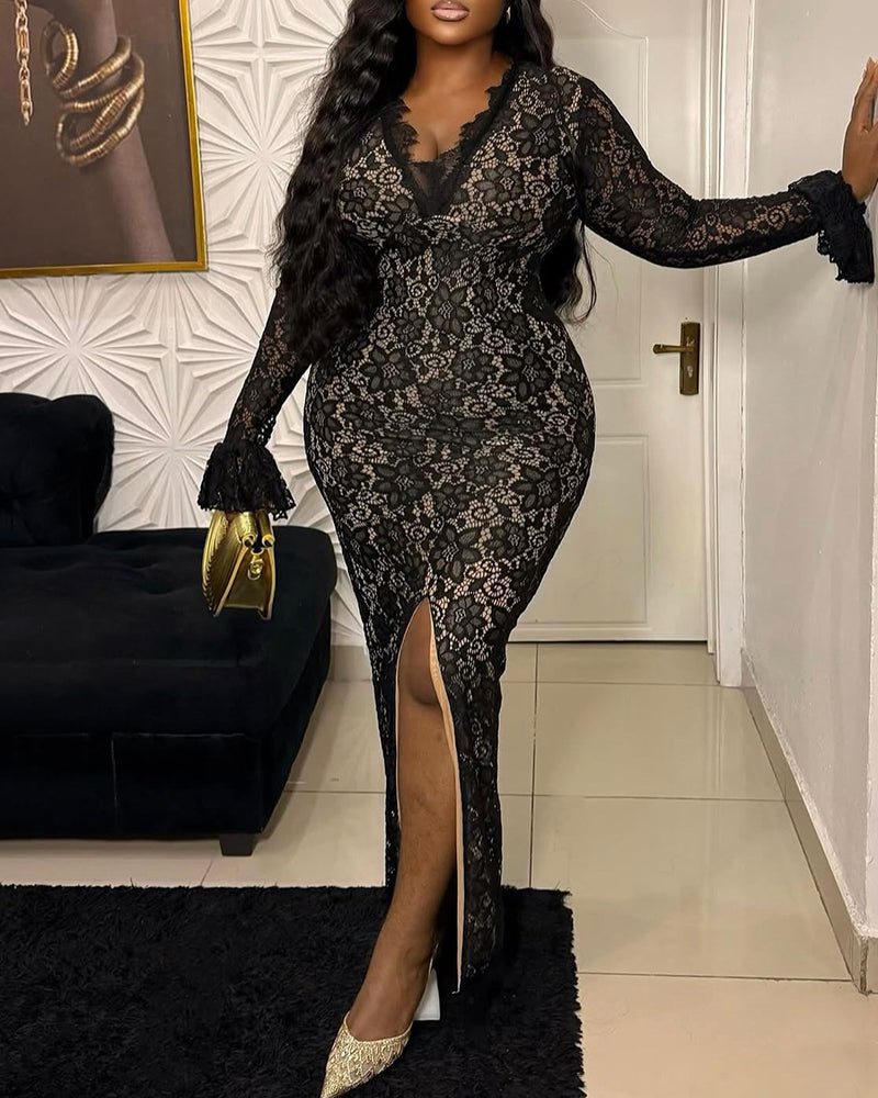 Elegant V-Neck Lace Long Sleeve Slim Maxi Dress