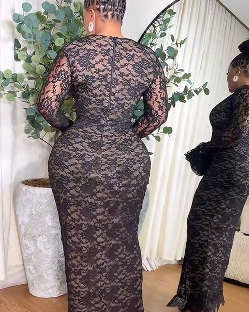 Elegant V-Neck Lace Long Sleeve Slim Maxi Dress