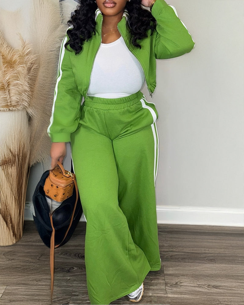 zip crop jacket paired with matching wide-leg pants ensemble set.