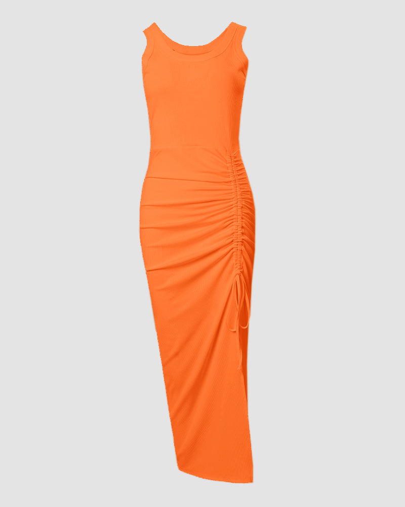 Side Slit Sleeveless Ribbed Maxi Dress with Drawstring Ruching