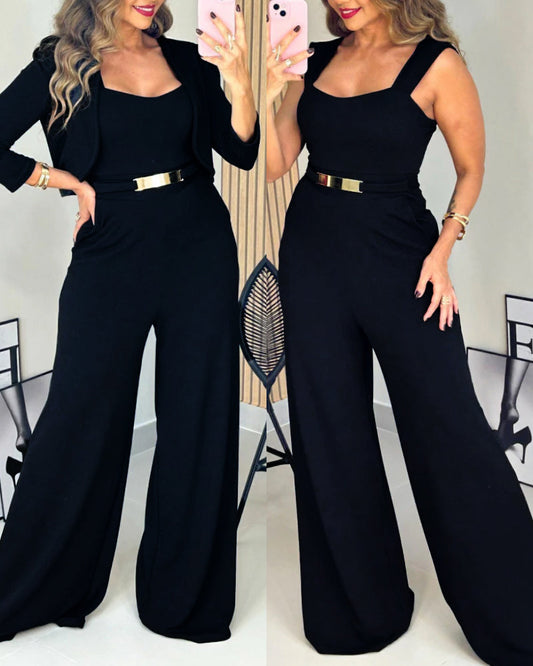 Square neck jumpsuit styled with a matching crop cardigan, shown both layered and solo.