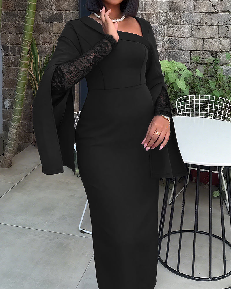 Asymmetrical Lace Dress with Split Sleeves and Back Zipper