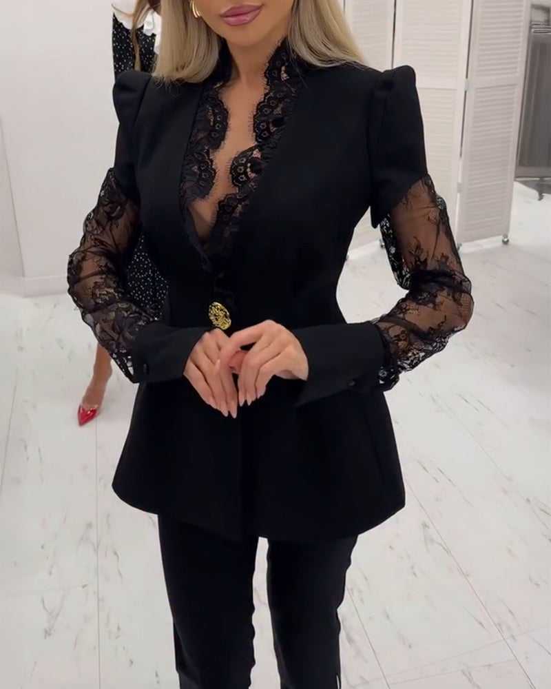 V-Neck Puff Sleeve A-Line Blazer with delicate eyelash lace trim detailing.