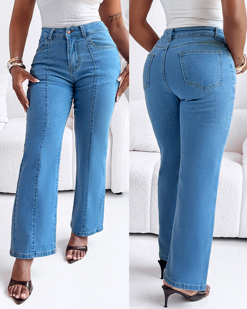 High Waist Straight Leg Seam Front Zip Casual Jeans paired with a simple white top.