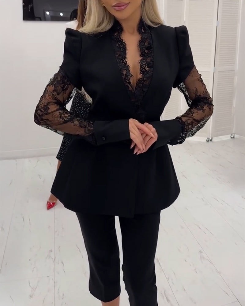 V-Neck Puff Sleeve A-Line Blazer with Eyelash Lace Trim and black pants.