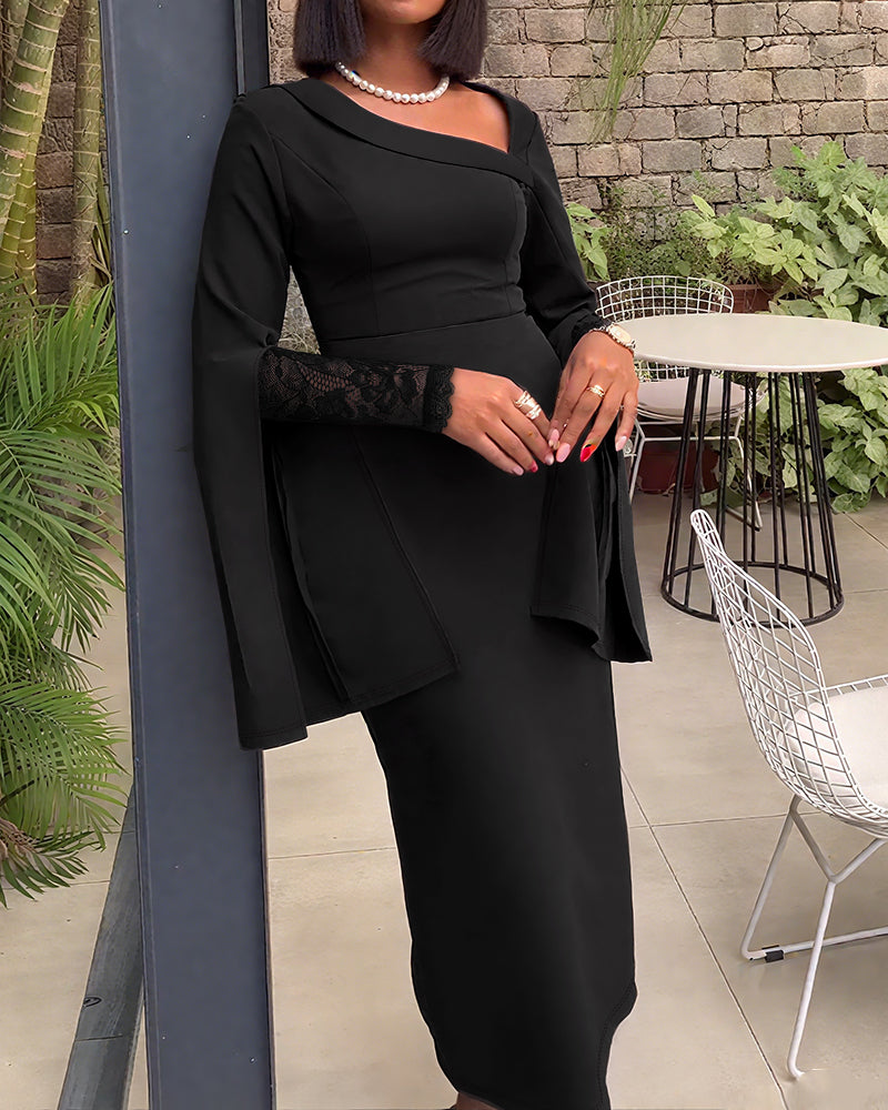 Asymmetrical Lace Dress with Split Sleeves and Back Zipper