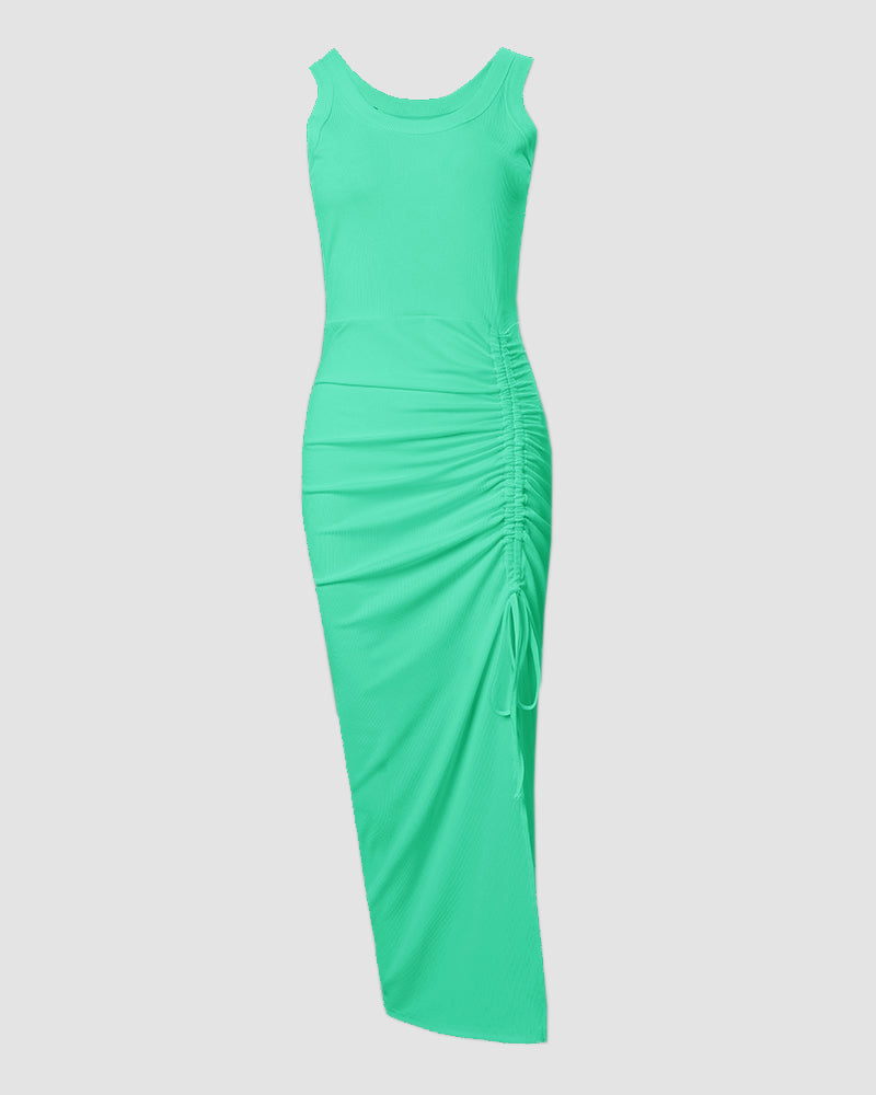 Side Slit Sleeveless Ribbed Maxi Dress with Drawstring Ruching