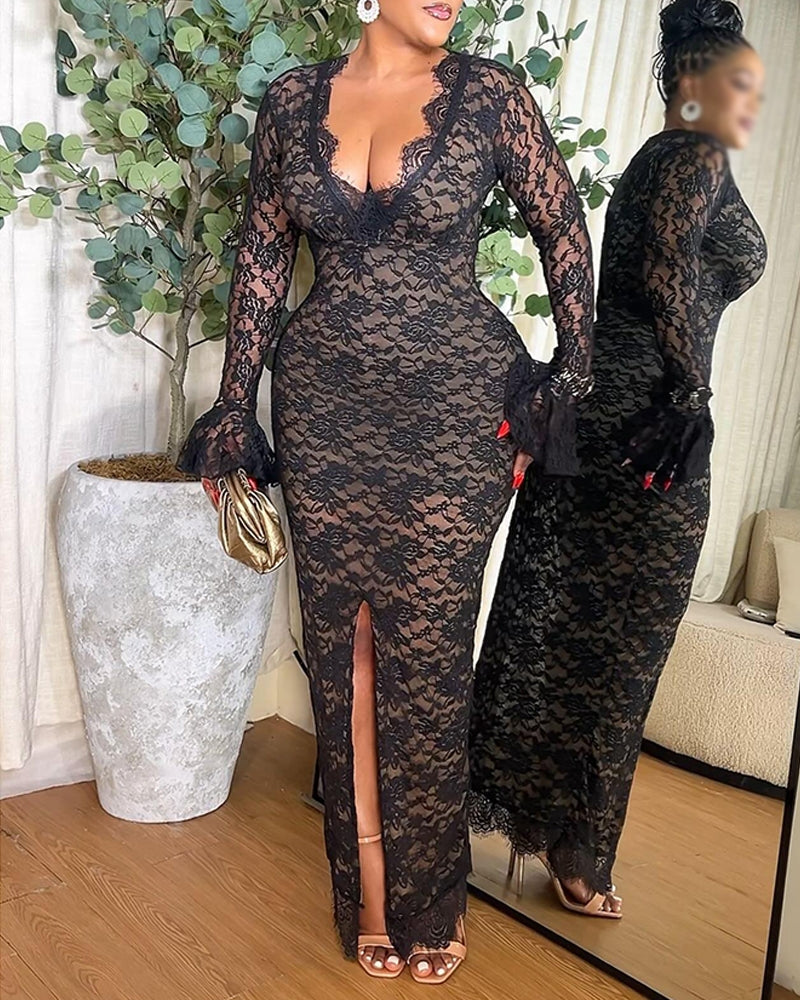 Elegant V-Neck Lace Long Sleeve Slim Maxi Dress