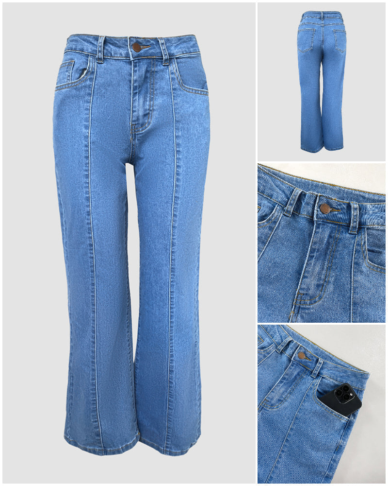 High waist straight leg jeans with seam front, zip closure, brown button, and smartphone pocket.