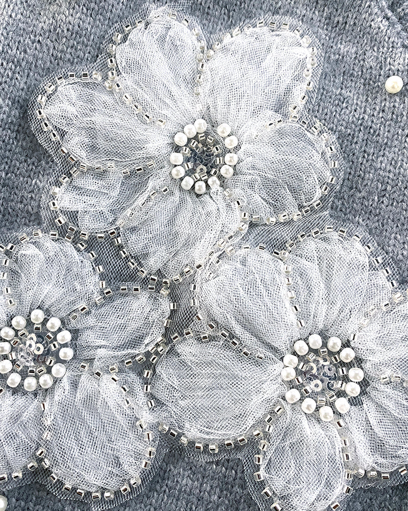 Single-Breasted Knit Cardigan with Floral Applique and Pearl Adornments