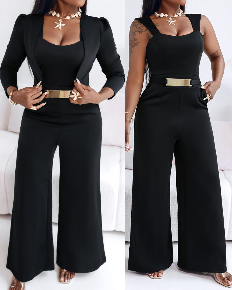 2-Piece Square Neck Jumpsuit and Crop Cardigan Set; sleeveless square neck jumpsuit.