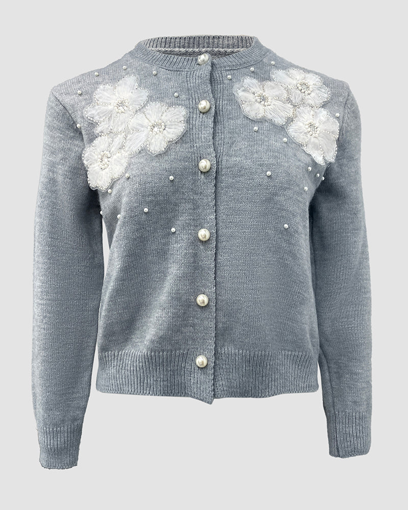 Single-Breasted Knit Cardigan with Floral Applique and Pearl Adornments