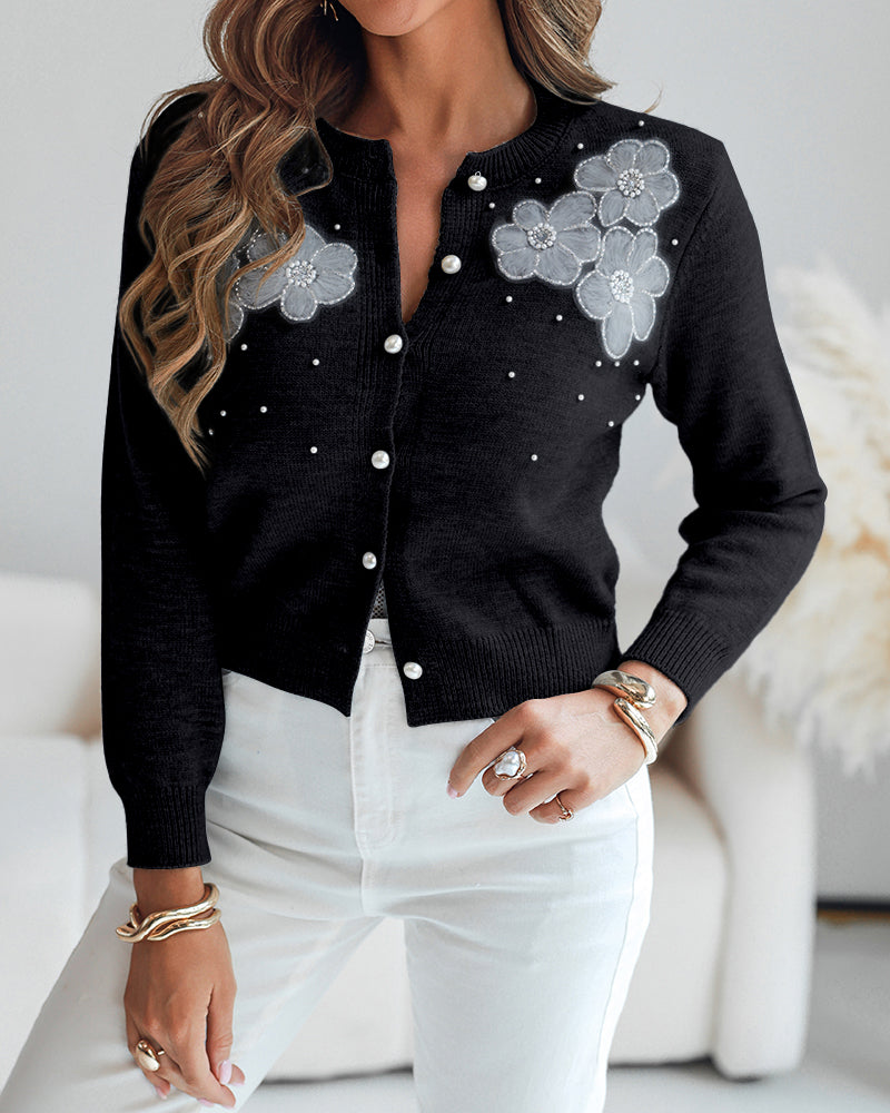 Single-Breasted Knit Cardigan with Floral Applique and Pearl Adornments