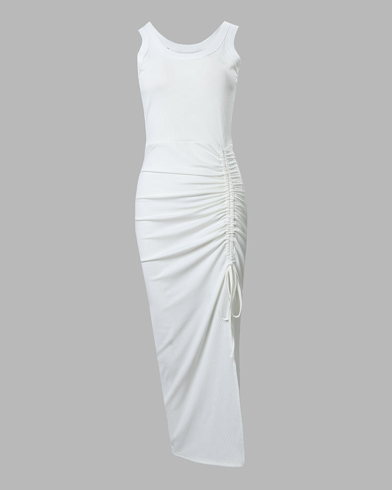 Side Slit Sleeveless Ribbed Maxi Dress with Drawstring Ruching