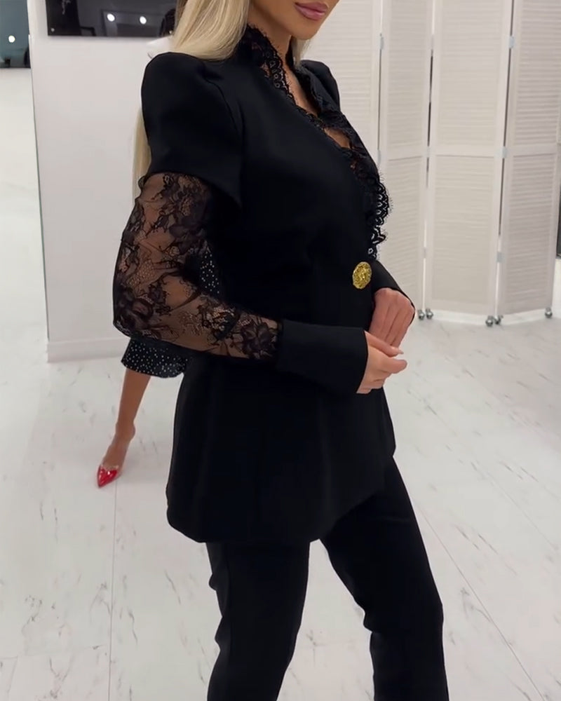 V-Neck Puff Sleeve A-Line Blazer with eyelash lace trim; black dress, red heels.