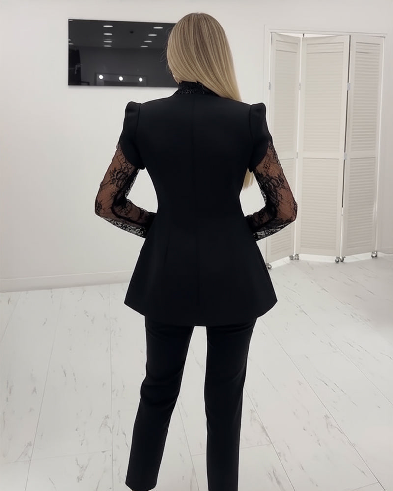 V-neck puff sleeve A-line blazer with delicate eyelash lace trim.