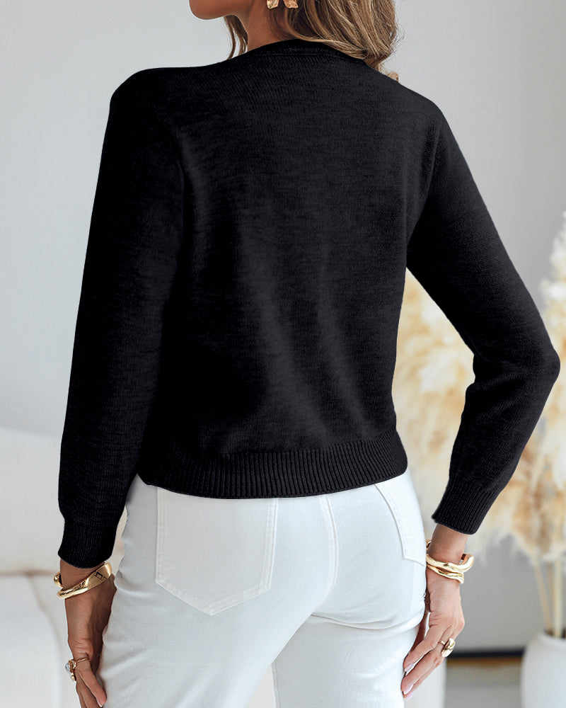 Single-Breasted Knit Cardigan with Floral Applique and Pearl Adornments