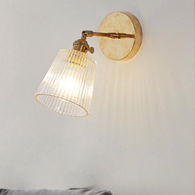 Koadclo | Ribbed Glass Wall Lamp – Industrial Brass Cone Light Fixture for Living Room