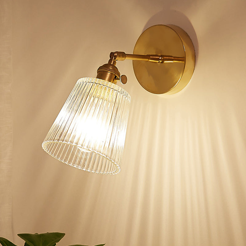 Koadclo | Ribbed Glass Wall Lamp – Industrial Brass Cone Light Fixture for Living Room