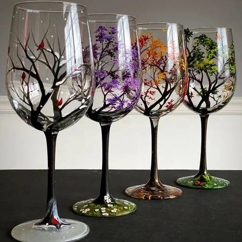Amtn Club | Hand Painted Four Seasons Tree Wine Glasses – Unique Art Crystal Stemware Set