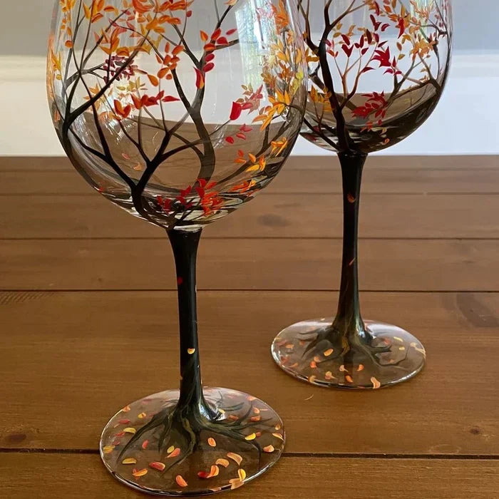 Amtn Club | Hand Painted Four Seasons Tree Wine Glasses – Unique Art Crystal Stemware Set