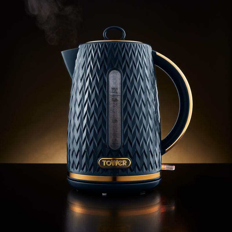 TOWER Empire Blue Jug Kettle, 4 Slice Toaster, Bread Bin & Canisters Matching Set in Midnight Blue with Brass Accents