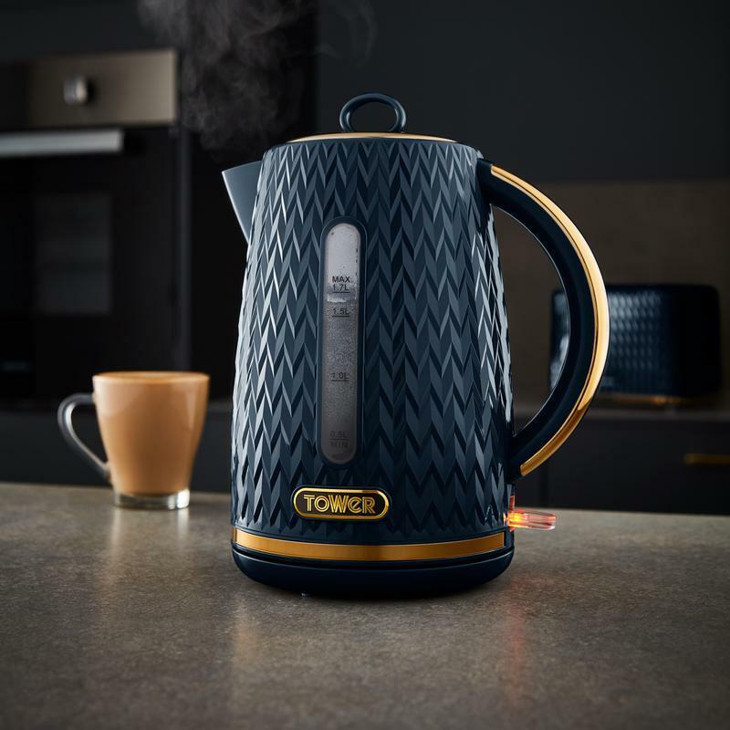 TOWER Empire Blue Jug Kettle, 4 Slice Toaster, Bread Bin & Canisters Matching Set in Midnight Blue with Brass Accents