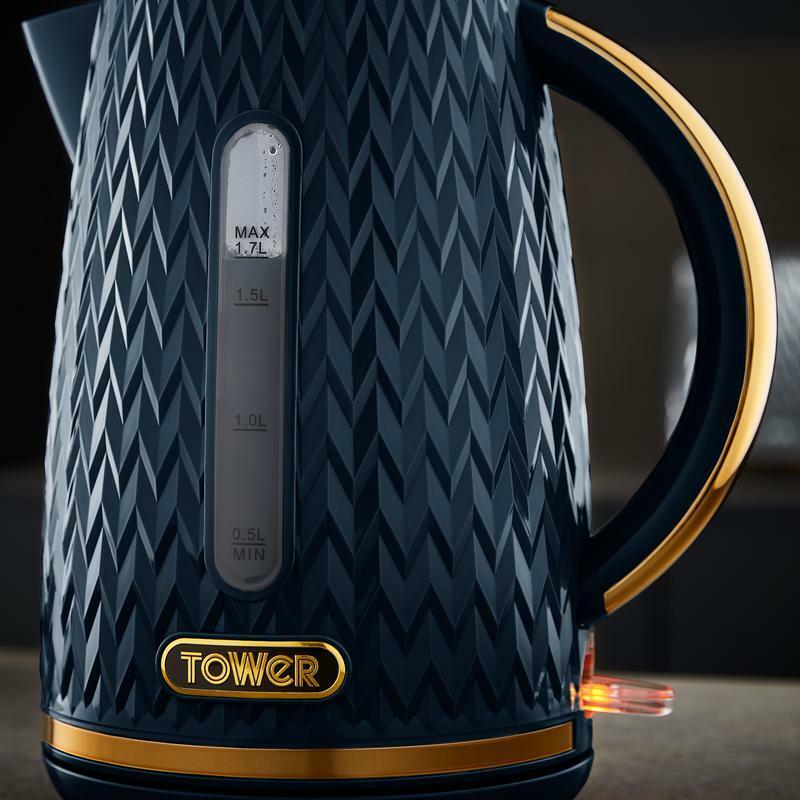 TOWER Empire Blue Jug Kettle, 4 Slice Toaster, Bread Bin & Canisters Matching Set in Midnight Blue with Brass Accents