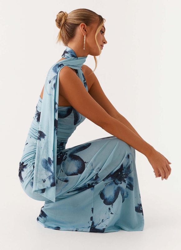 Aveloria | Blue-Black Floral Sleeveless Maxi Dress by Koadclo