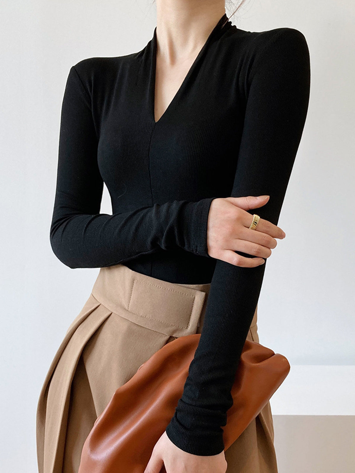 Solid Long Sleeve Knit Top for Women Casual Wear