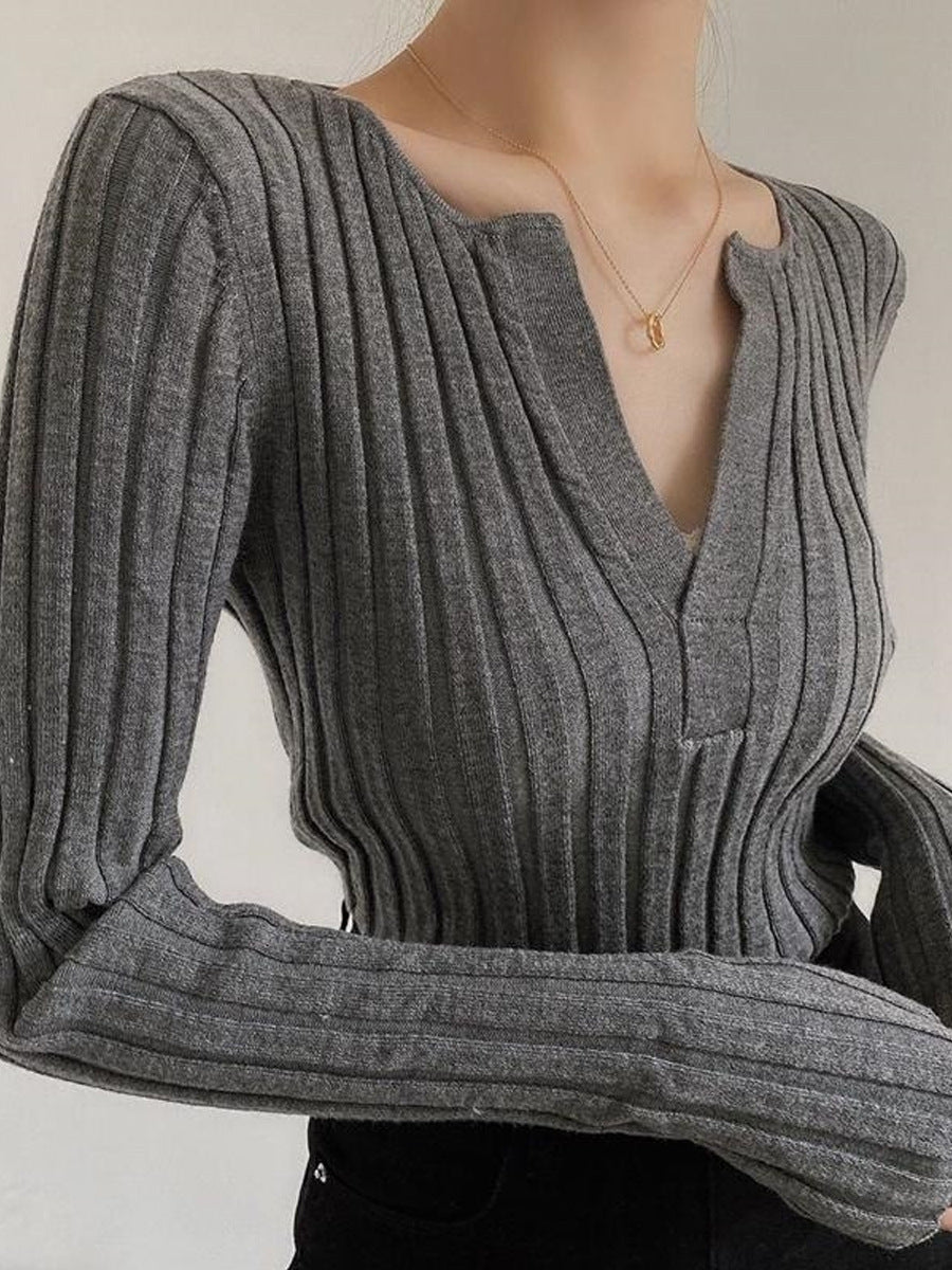 Solid Textured V-neck Knit Top for Women Casual Wear