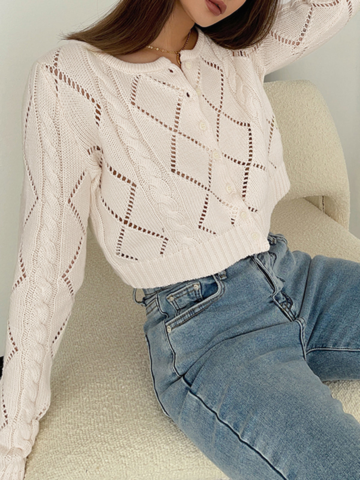 Diamonds Eyelet Button Up Knit Top | Women’s Casual Spring Fashion