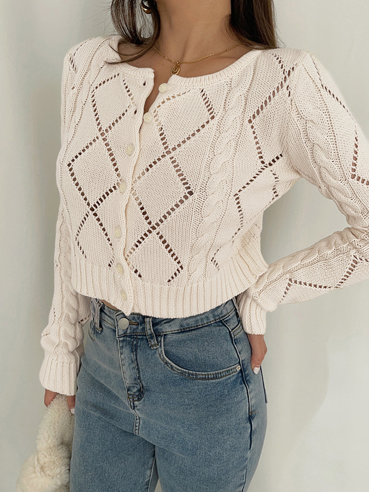 Diamonds Eyelet Button Up Knit Top | Women’s Casual Spring Fashion