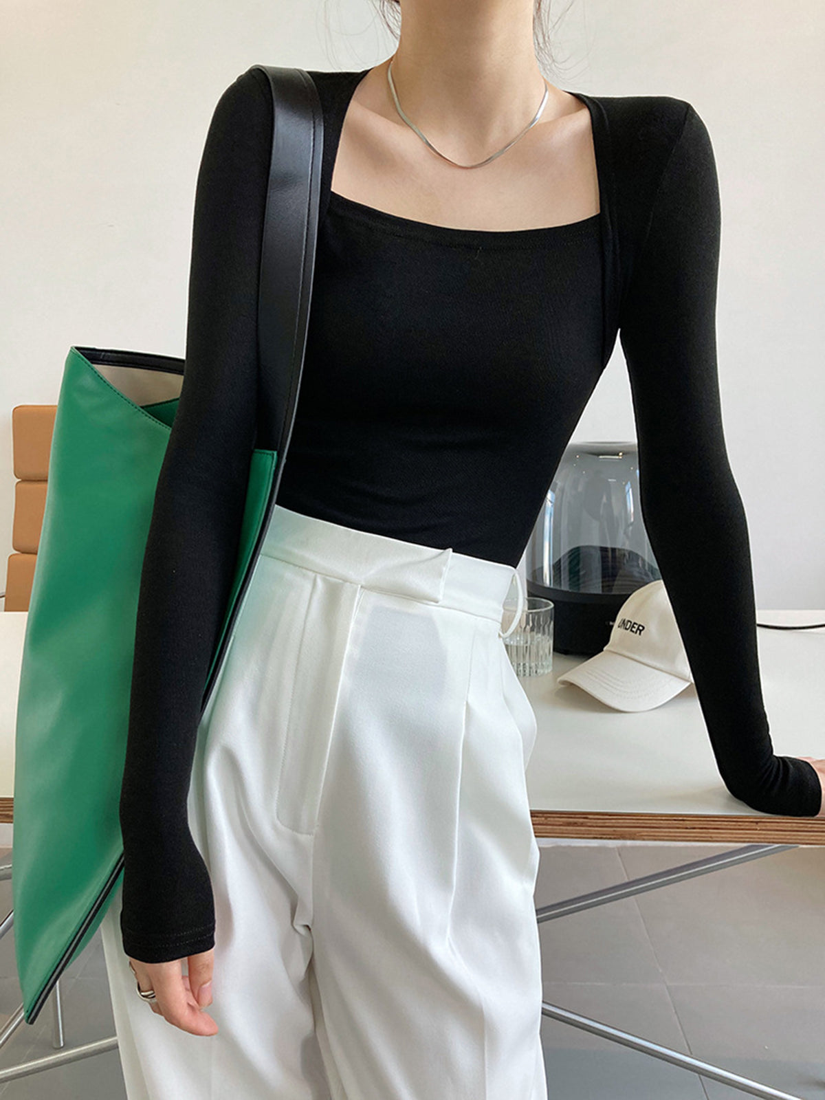 Square Neck Solid Long Sleeve Shirt Casual Everyday Wear