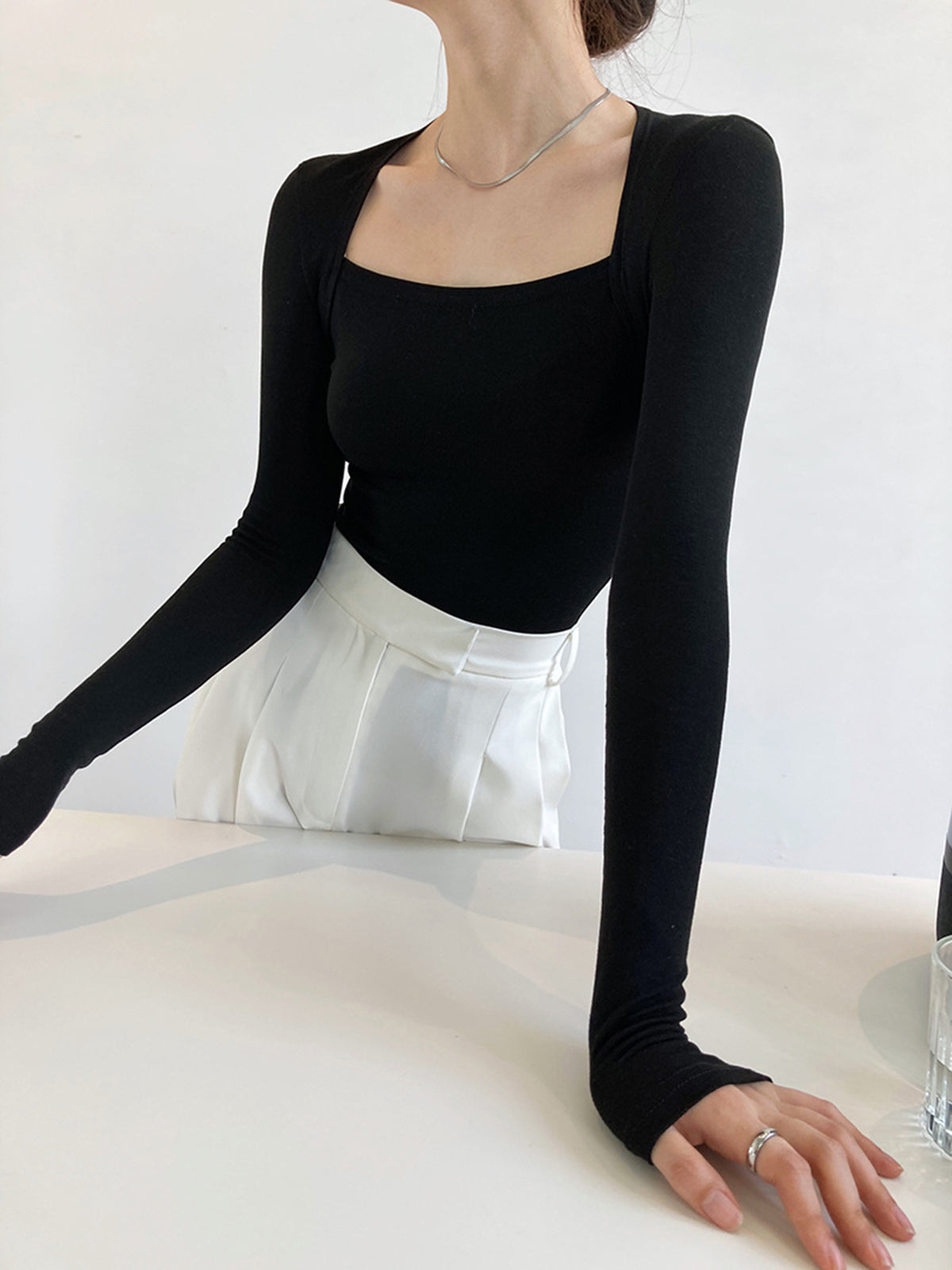 Square Neck Solid Long Sleeve Shirt Casual Everyday Wear