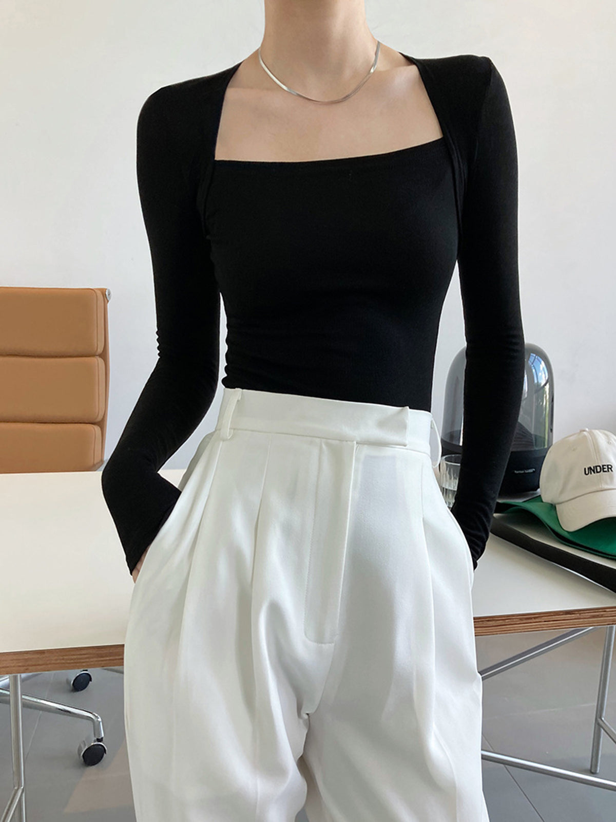 Square Neck Solid Long Sleeve Shirt Casual Everyday Wear
