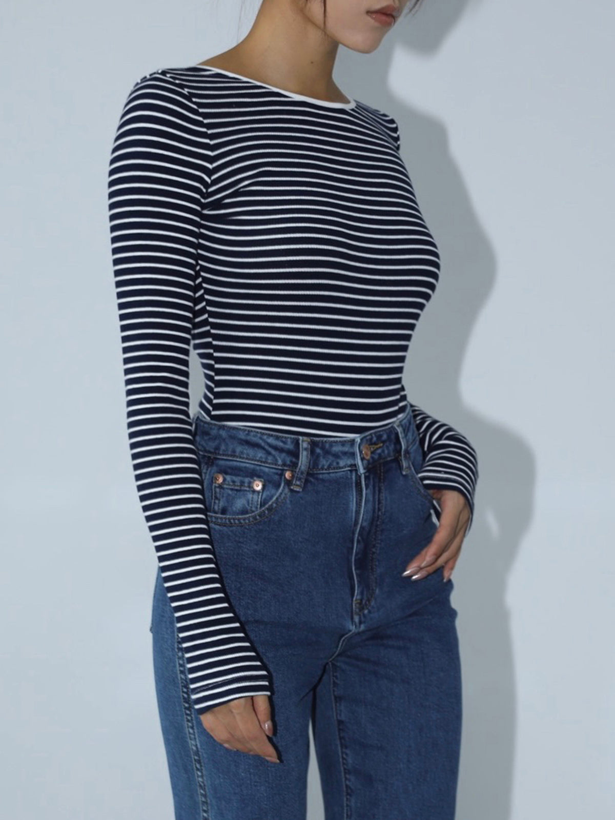 Open Back Stripe Long Sleeve Bodysuit with Snap Closure Comfort Fit