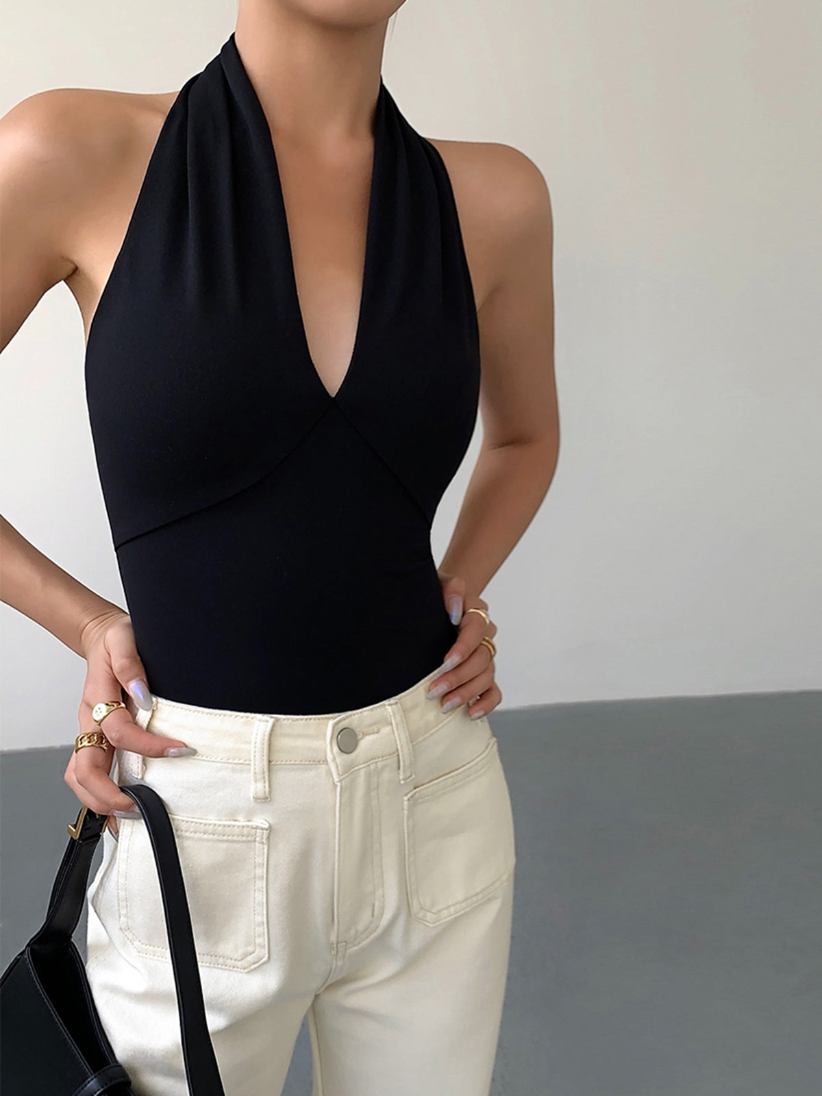 V-Neck Halter Open Back Tank Top Lightweight Summer Casual