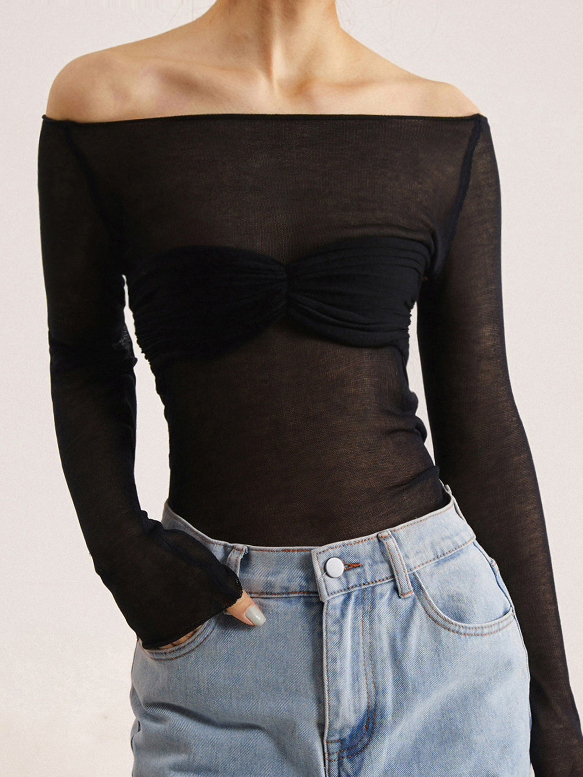 Semi-Sheer Off-Shoulder Mesh Long Sleeve Shirt for Women with Floral Detail