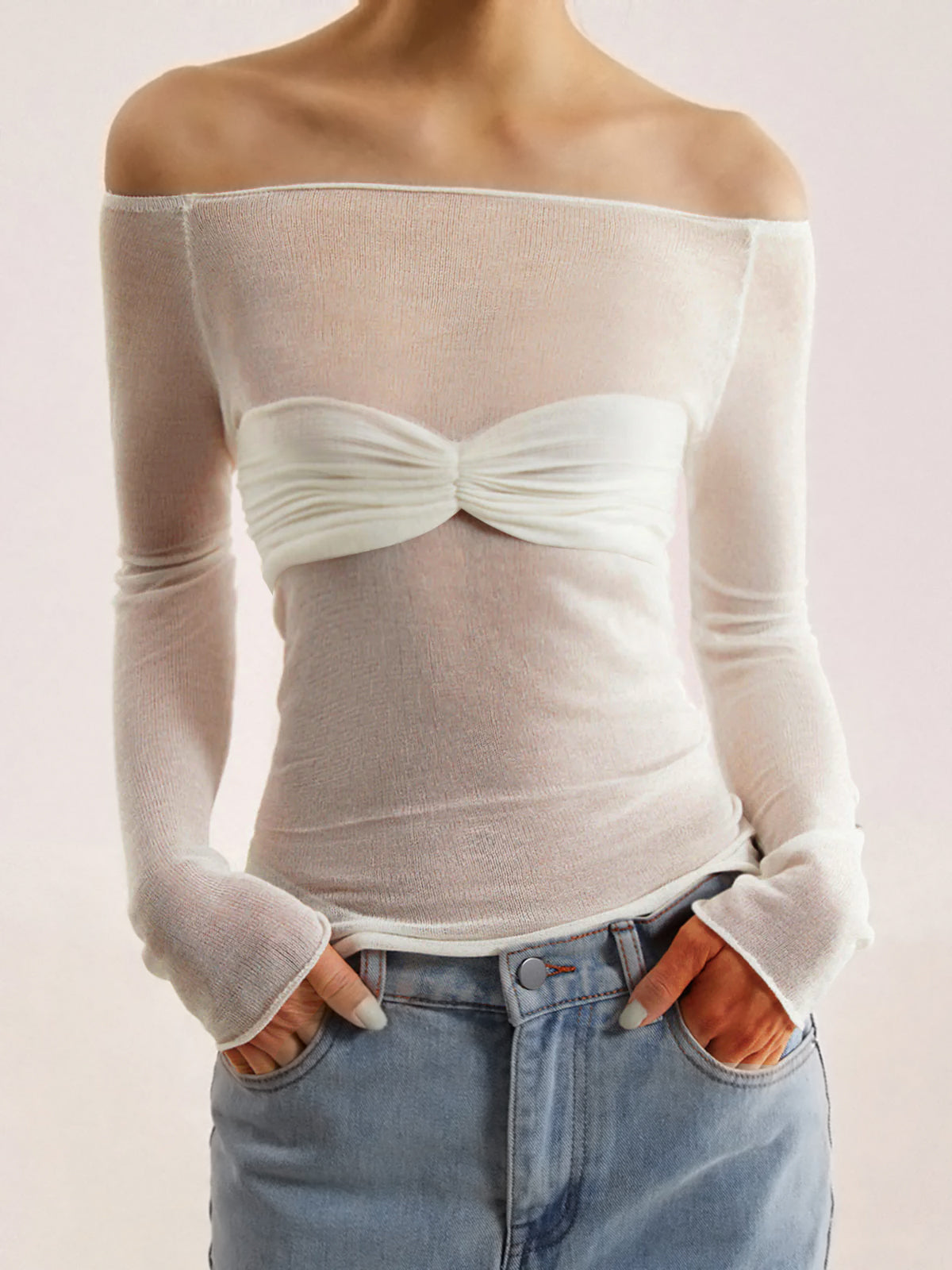 Semi-Sheer Off-Shoulder Mesh Long Sleeve Shirt for Women with Floral Detail