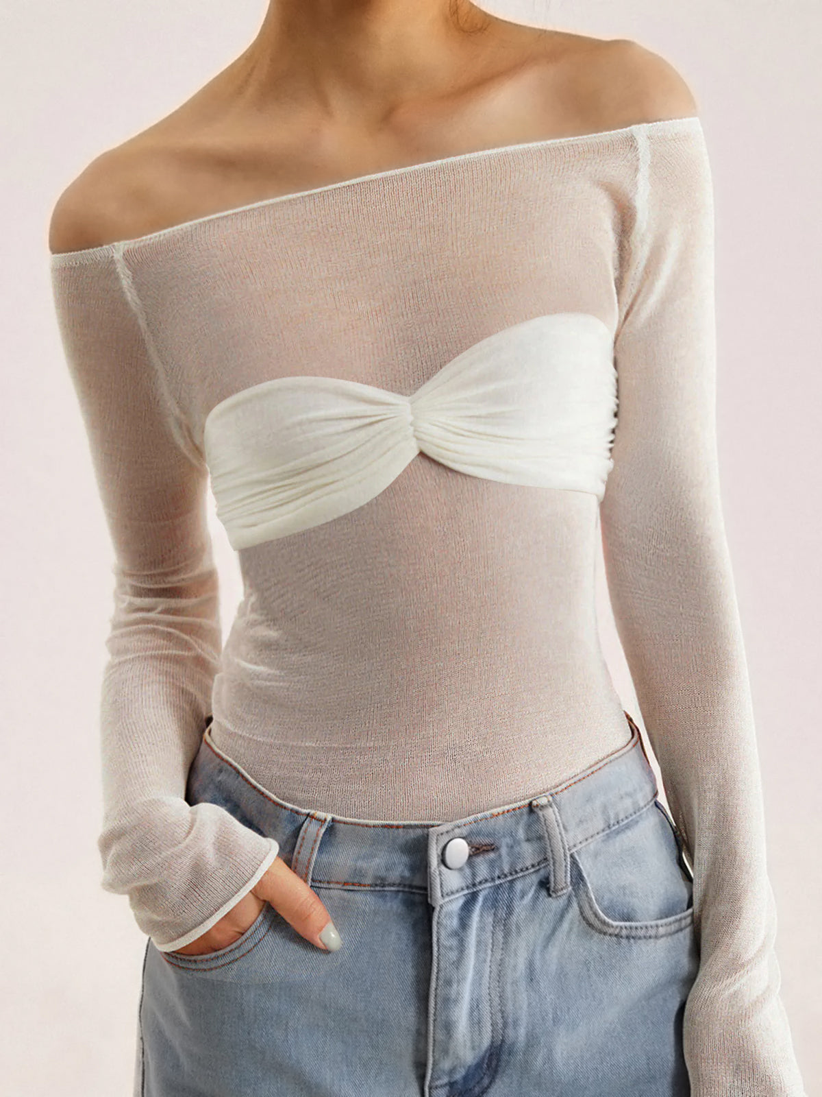 Semi-Sheer Off-Shoulder Mesh Long Sleeve Shirt for Women with Floral Detail