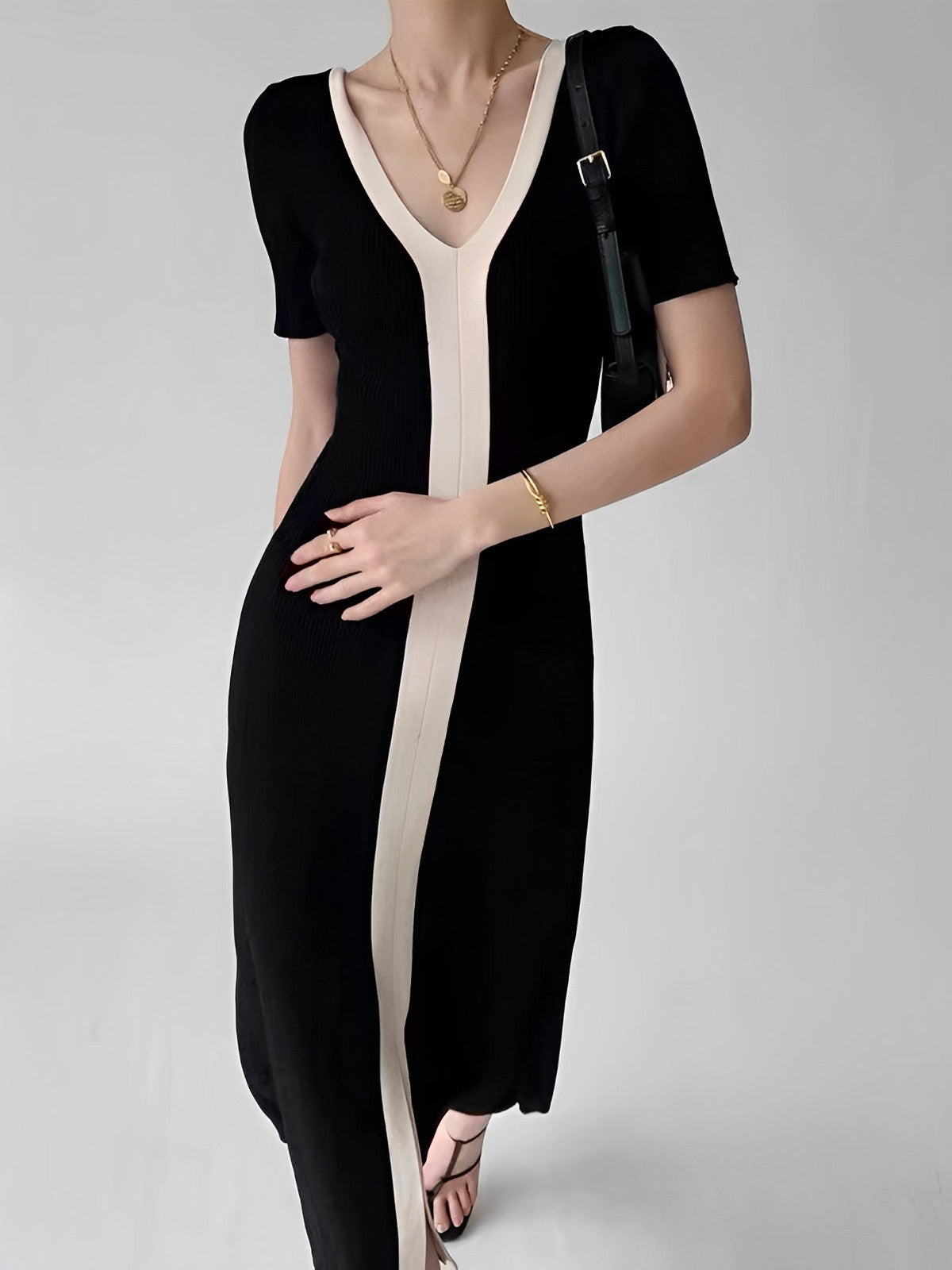 Two Tone V-Neck Knit Slit Midi Dress for Women Casual Comfortable Style